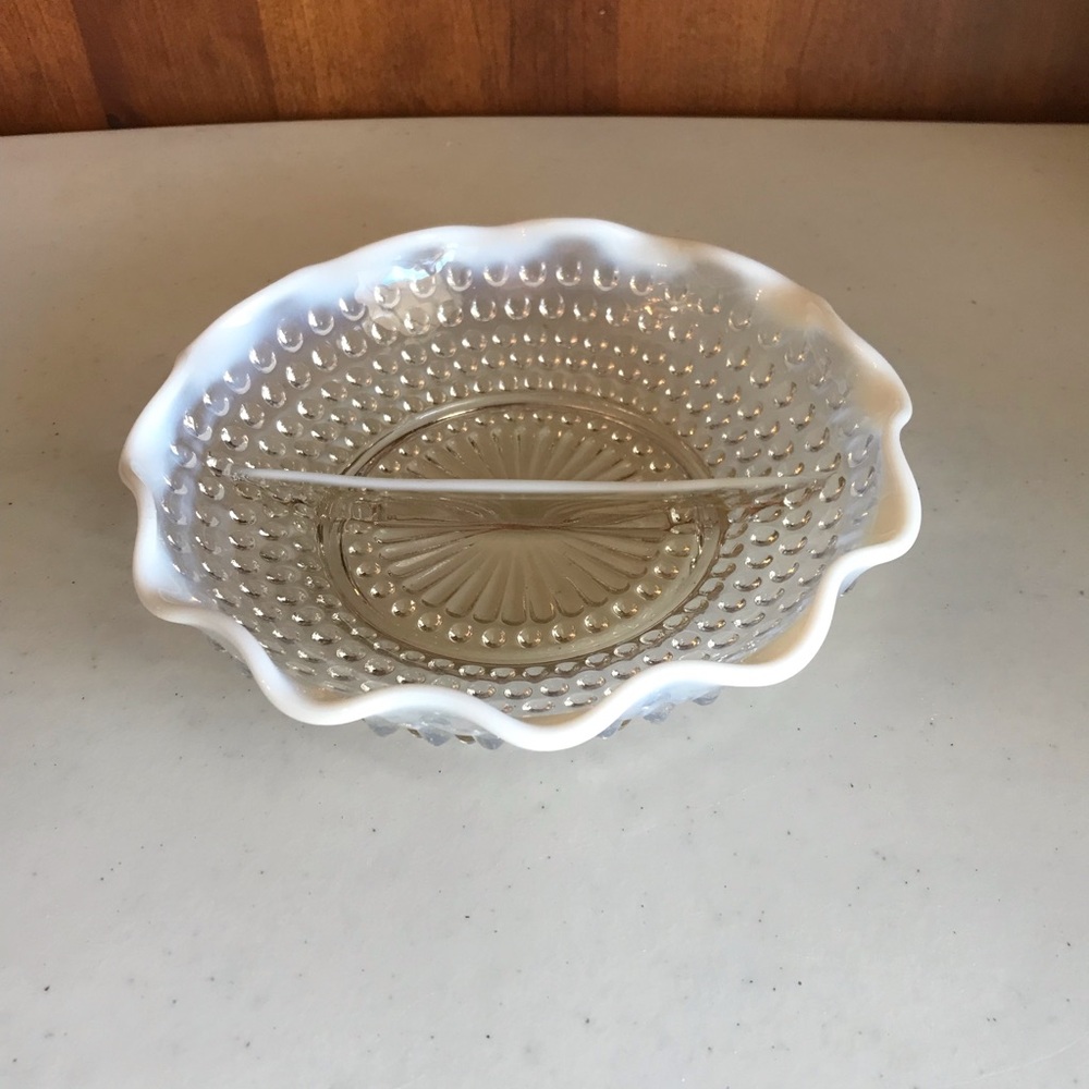 Vintage Fenton Moonstone Divided Hobnail Serving Candy Dish Ruffled Edge